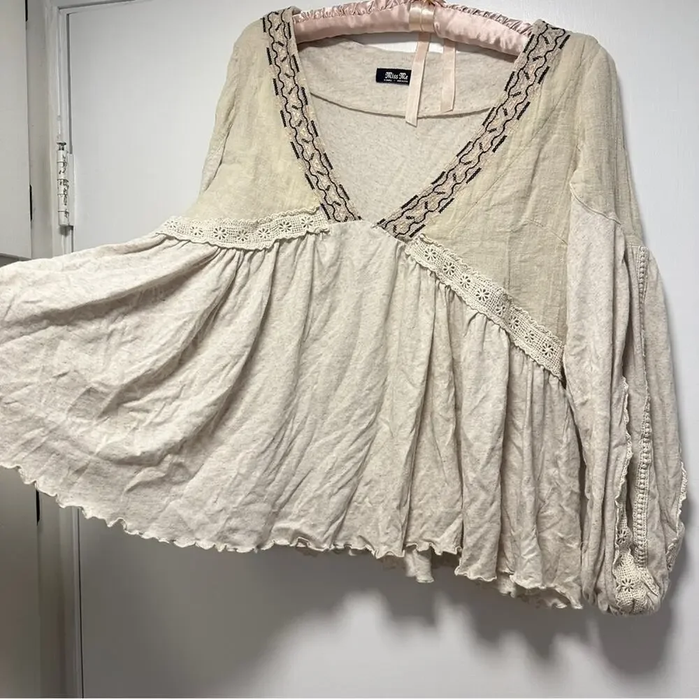 Miss Me Linen Babydoll Lace Embroidered V-Neck Top Flowy Coastal Cowgirl - Picture 6 of 9